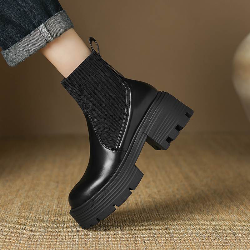 Krazing Pot Microfiber Autumn Winter Shoes Thick High Heels Thick Bottom Size 43 Motorcycle Boots Stretch Knitwear Ankle Boots