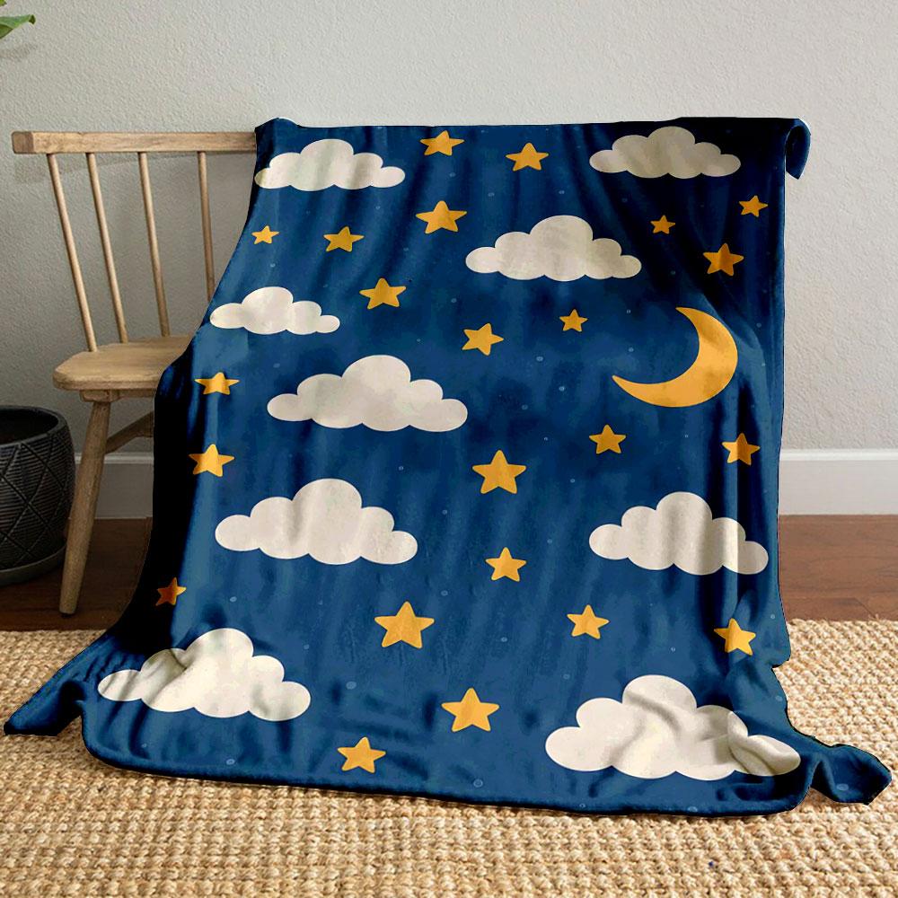 Night Sky with Clouds and Stars Patterned Blanket, Flannel, Suitable for All Seasons, Home Decor, Warm and Cozy