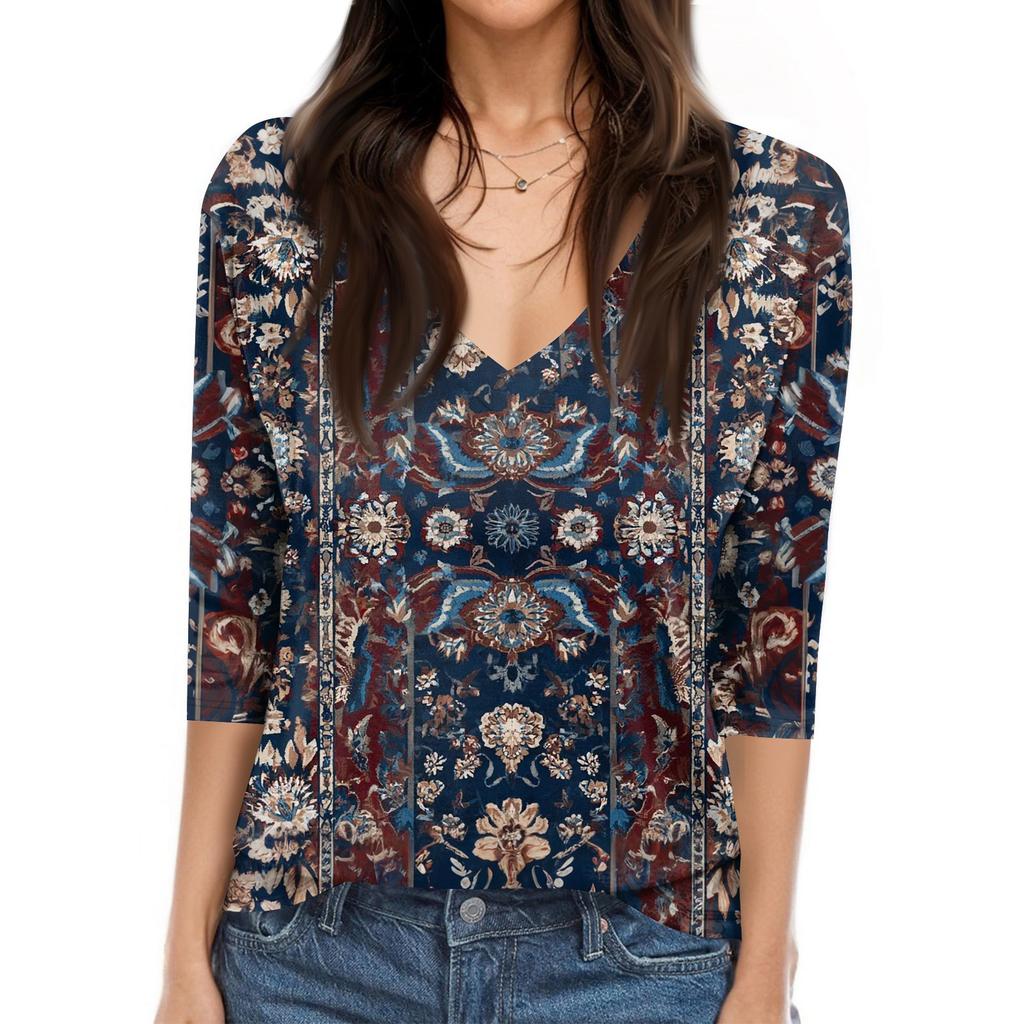 Women's T Shirt Print 3/4 Sleeve Daily Weekend Fashion Basic V- Neck Regular Top