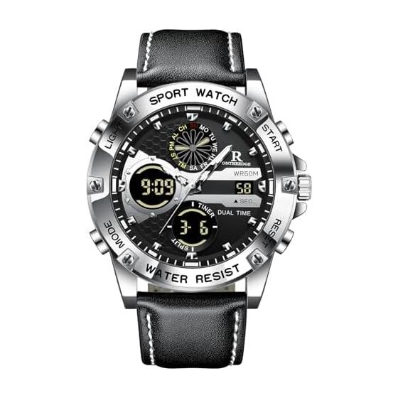 Watch for Men Analog Digital Quartz Watch 5 ATM Water Resistant Luminous Genuine Leather Strap Multifunctional Date Stopwatch Alarm Dual Time