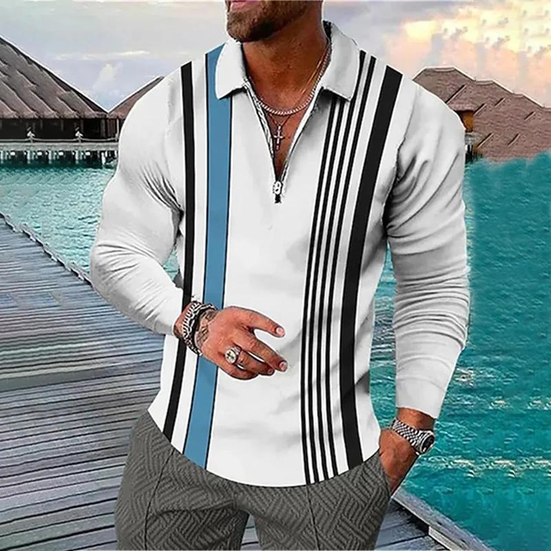 Spring Autumn Men Long Sleeve Tops Polo Shirt Zipper Polo Shirt Men Casual Polo Shirt Fashion Stripe Golf Polo Shirt