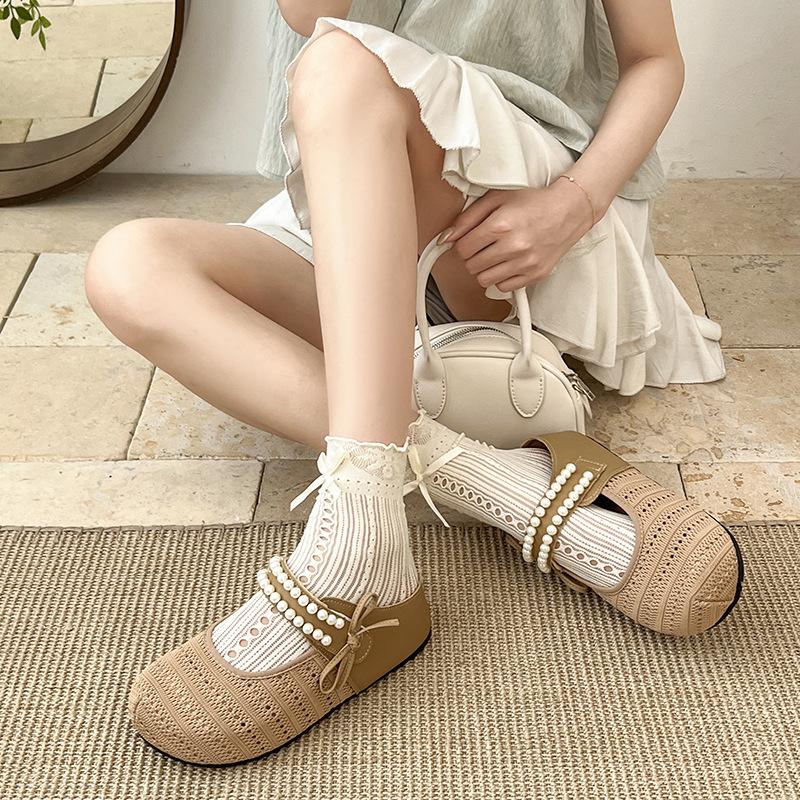 2025 New Summer Thick-soled Heightening Woven Bag Head Half Slippers Women Wear Versatile Mesh Bow Pearl Shoes