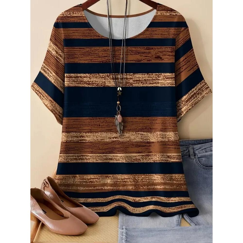 Fashion Women's Striped Printed Top Casual Loose Short Sleeves Comfortable Breathable T-Shirts Women’s