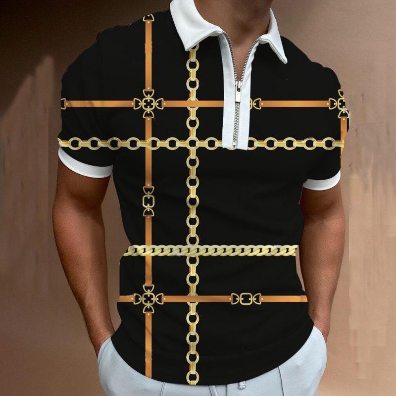 Trendy chain print short-sleeve zip polo shirt, stylish men's casual wear.