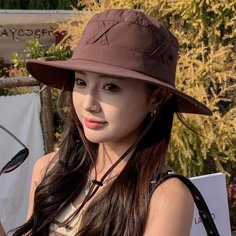 WTEMPO Windproof Roped Solid Color Spring Summer Foldable Hats Women's Wide Brim Travel Beach Hiking Breathable Hats