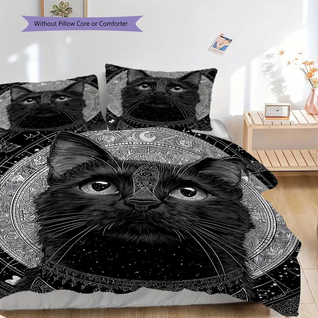 Black Cat Pattern Bedding Quilt Set Quilt Cover Pillowcase Home Decoration Birthday Gift (1 * Duvet Cover + 2 * Pillowcase, Without Core)