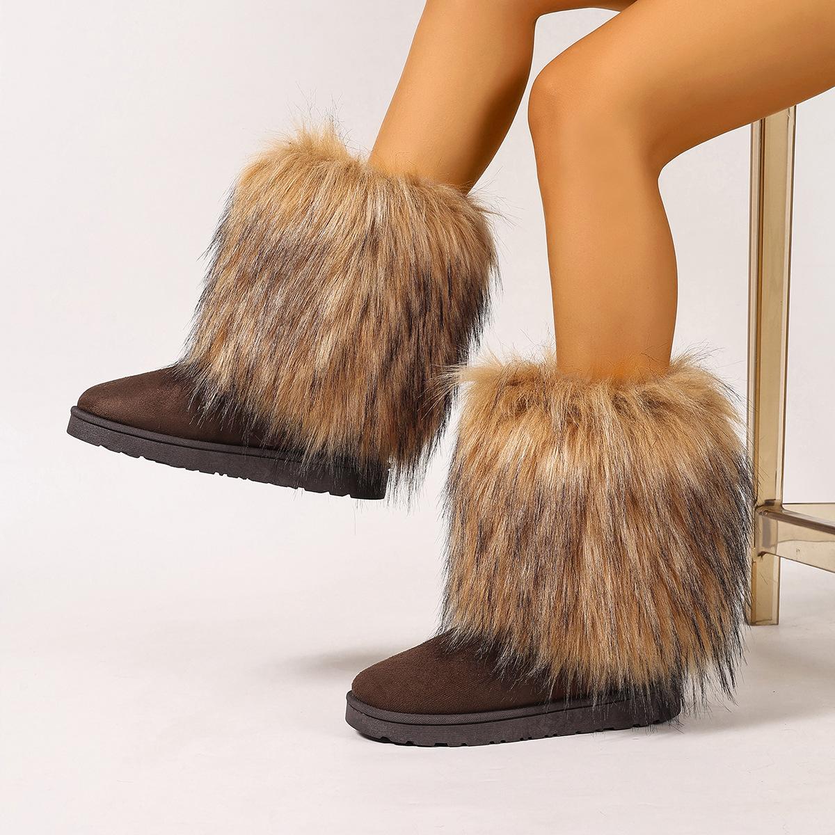 

Women s Winter Furry Faux Fur Boots Fuzzy Fluffy Mid Calf Snow Boots for Women Faux Suede Comfortable Warm Fur Lined Platform Flat Boots Shoes 36 коричневий