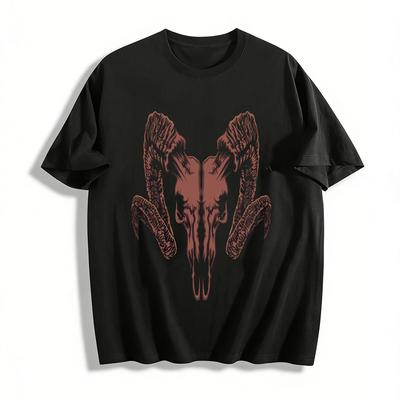Vintage Ram Skull Print Casual Personality T-Shirt Pure Cotton T-shirt