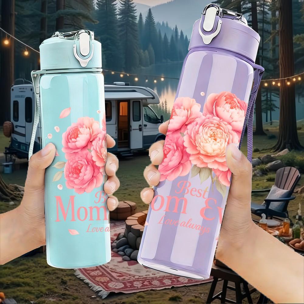 1PC Mom Rose Floral Pattern 750ml Color Plastic Sports Water Bottle Leakproof Flip Straw Lid Suitable for Sports Office Home Use
