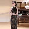 Black High-Neck Long Cheongsam Dress Women 2026 Vintage Style Sleeveless Satin Qipao Modernized Fit