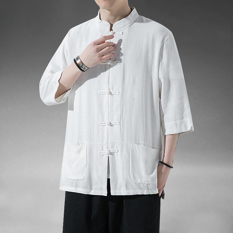 Costum Tang de vară în stil chinezesc din in cu mânecă scurtă pentru bărbați, Hanfu retro cu mânecă cinci sferturi, bumbac și in pentru laici, mărime mare, costum de ceai cu mânecă scurtă