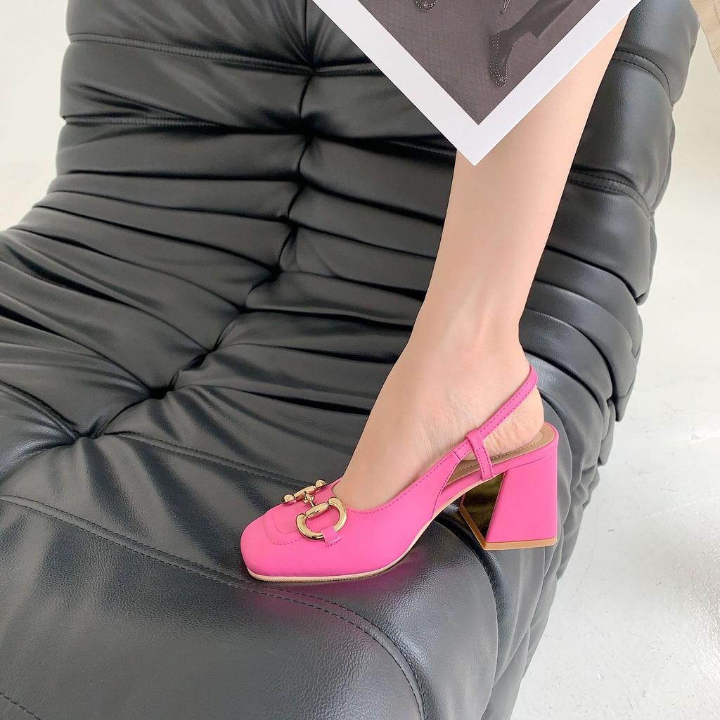 Baotou sandals women's summer middle heel thick heel high heels Mary Jane square head horse buckle single shoes