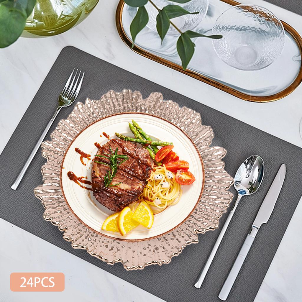 24pcs 12.6 Inch Round Plastic Charger Plates, Elegant Wedding & Party Decor, Rose Gold Snowflake Design, Dish Decor Placemats