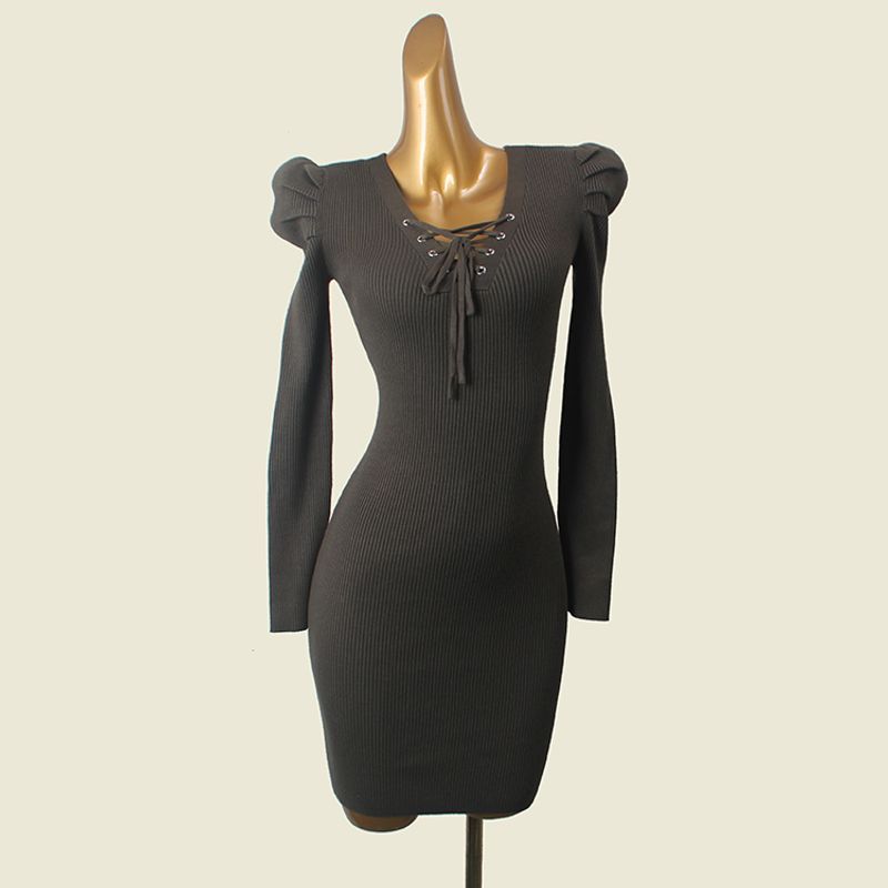 

2024 Fall and Winter New Arrival Sexy V-neck Knitting Dress Women s Pure Desire Style Silm Puff Sleeves Base Narrow Short Skirt Green M