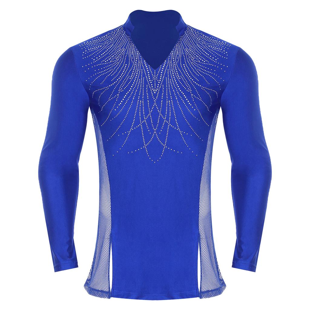 Pánské třpytivé kamínkové taneční top s límečkem do V, dlouhým rukávem, bočními síťovanými díly, patchworkem a rozparky, oblečení do tanečního sálu