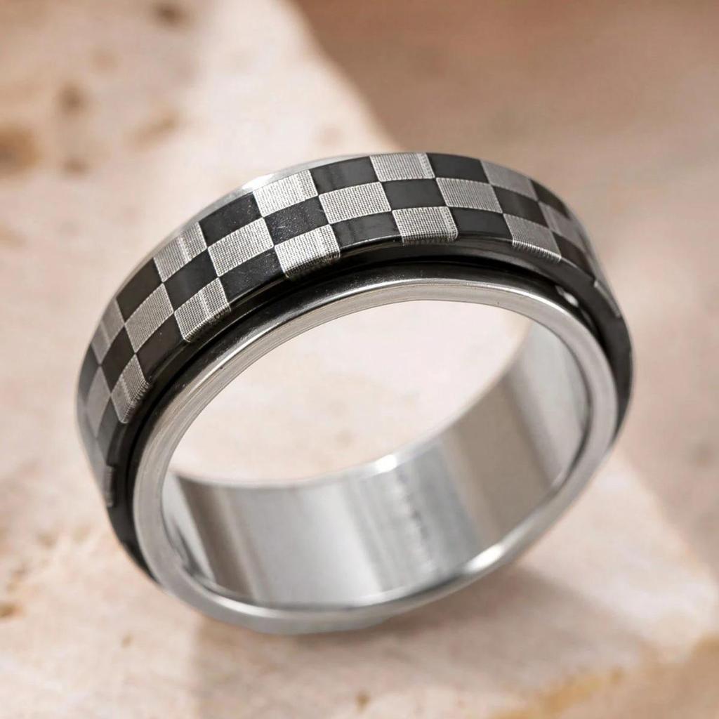 Unisex Stainless Steel Black & White Plaid Spinner Ring - Perfect Valentine's Day Gift