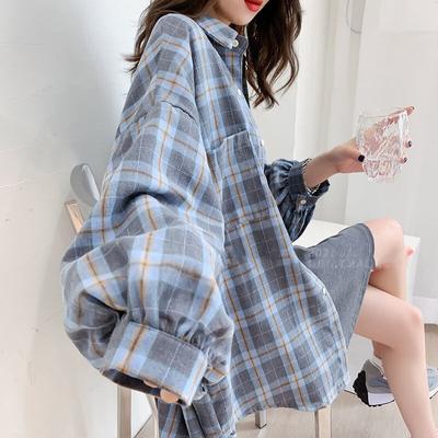 Plaid Blusen Frauen Turndown Kragen Einreiher Koreanischen Stil Übergroßen Langarm Weibliche Chic Blau Hemd