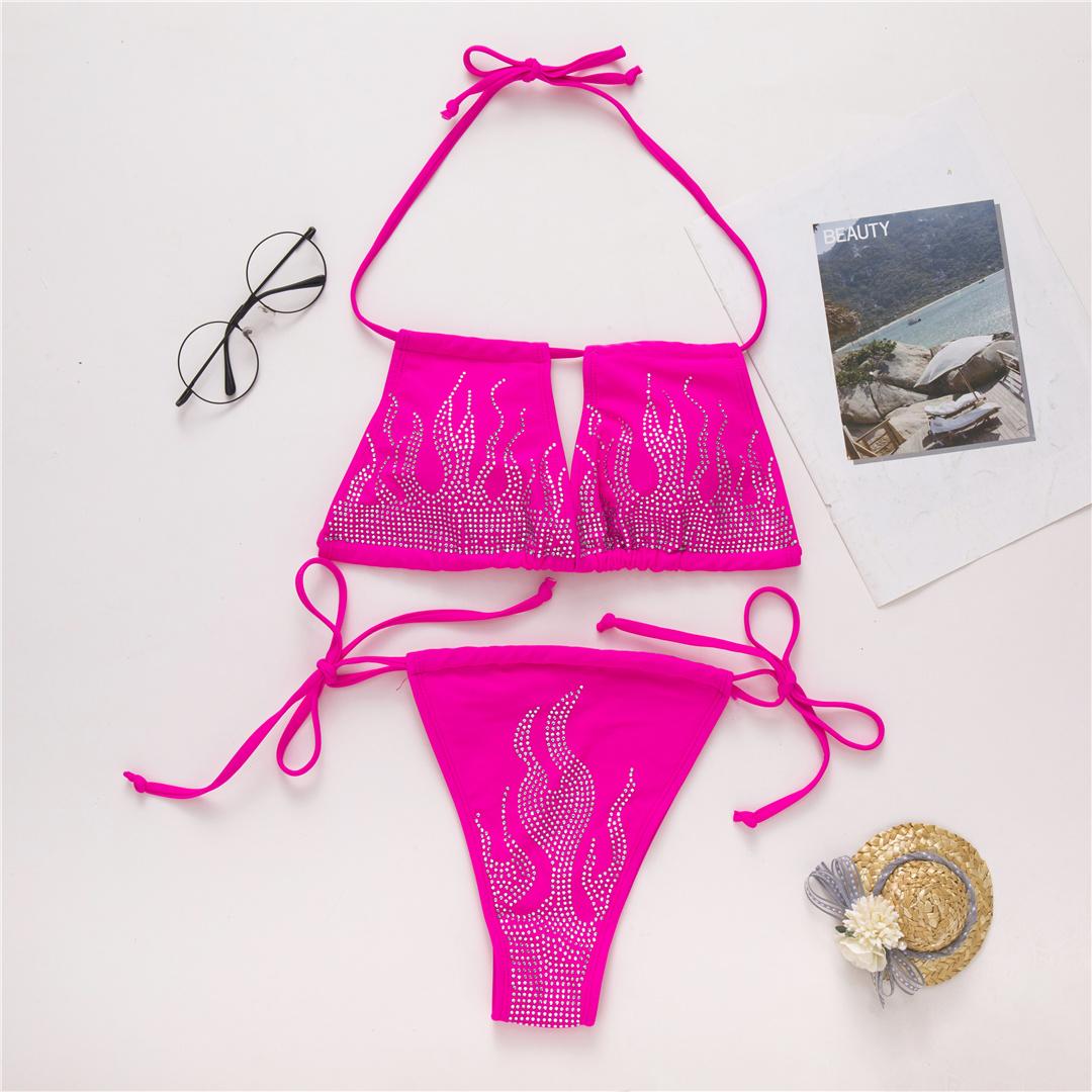

Холтер с блестящими стразами и вырезами, бикини, женский купальник, женский купальник, комплект из двух частей, купальный костюм, купальный костюм для женщин L розовый