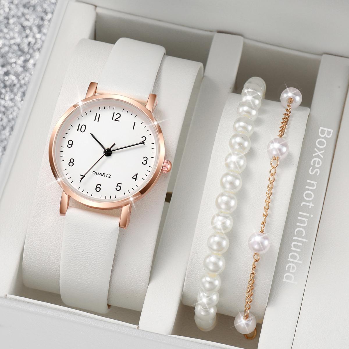 

3pcs/set Fashion Women Leather Strap Quartz Watch and Pearl Bracelet Set белый