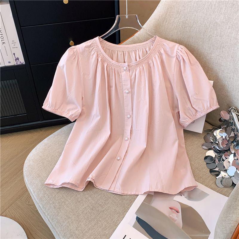 French Mint Bubble Round Neck Shirt - Summer 2026 Design, Short Sleeve, Loose Fit Top