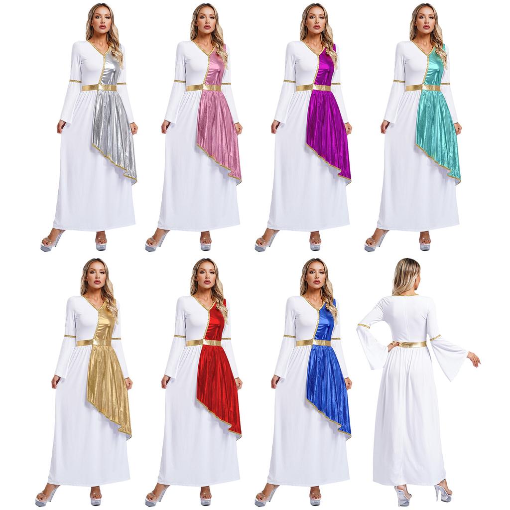 Disfraz de ninfa griega Afrodita para mujer, disfraz de Halloween, vestido largo de manga larga con campana brillante, vestido de oración para coro de iglesia