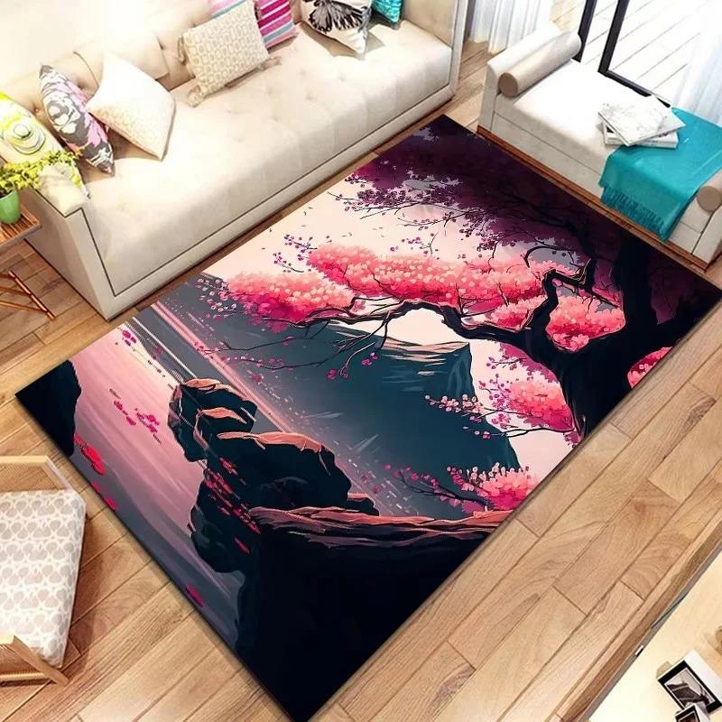 Japanese Landscape Print Rug with Cherry Blossom & Fuji Mountain for Bedroom and Sofa Entryway Decor