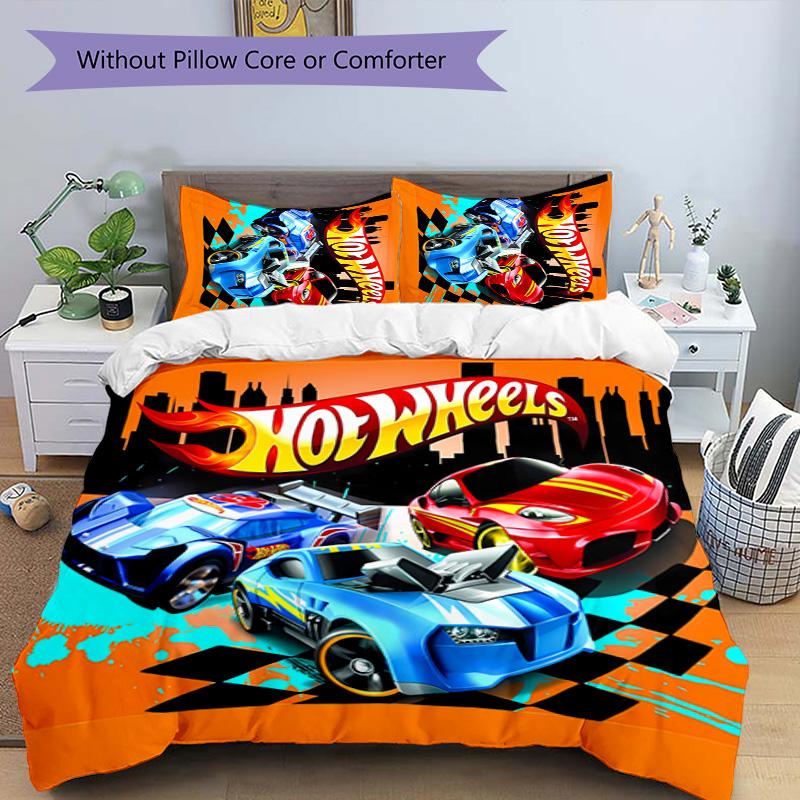 3pcs Hot Wheels logo pattern bedding set duvet cover set includes duvet cover &pillowcases, perfect all season bedroom decoration & gift