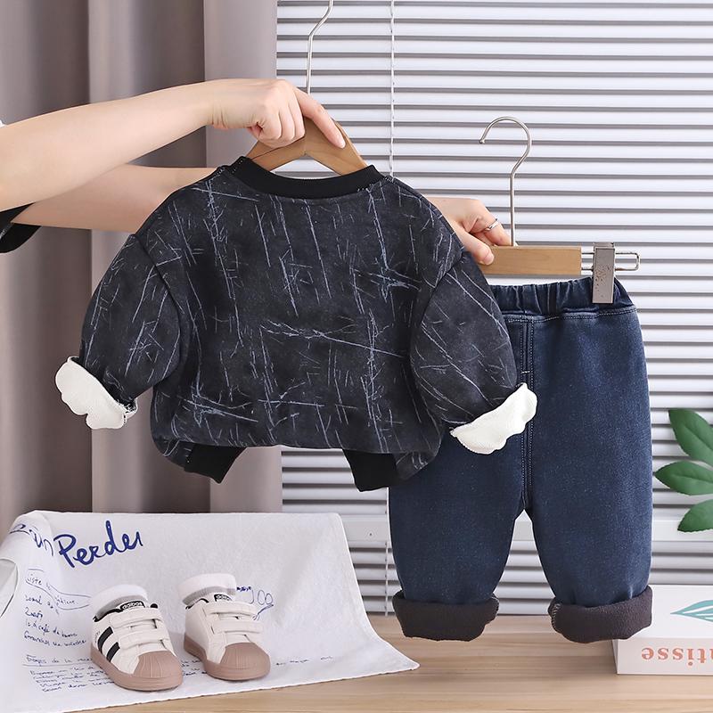 Boys' long sleeved 2-piece set, Children's autumn and winter round neck Letter printed fleece hoodie set