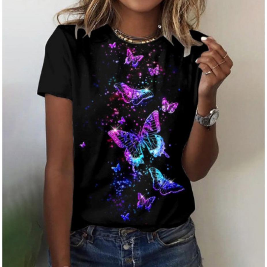 Summer Round Neck 3D Colorful Butterfly on Black Background Print Top Fashionable Casual Short Sleeved Women's T-shirts