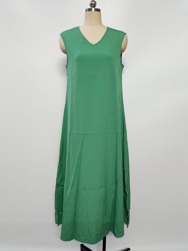 2025 Summer Sleeveless V-neck Maxi Dress - European & American Style, Elegant Long Dress with Side Slit for Women