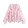 Womens V-Neck Layered Ruffle Pleated Blouse Loose Fit Street Style Long Sleeve Shirt In Solid Colors