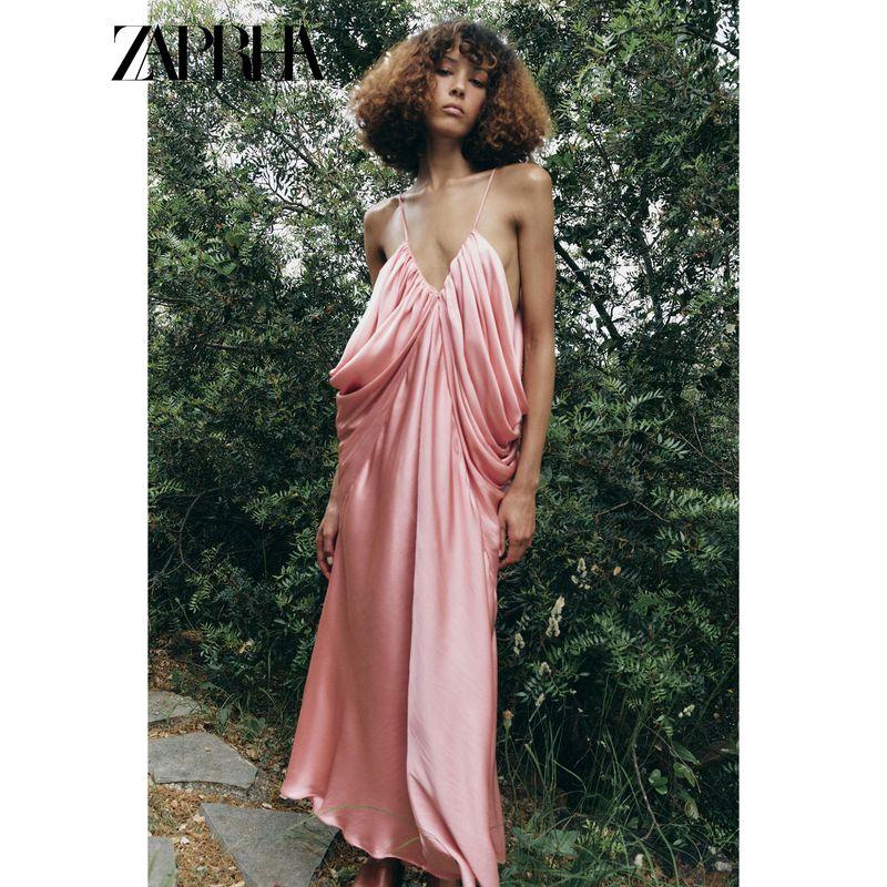Zaprha New Women Clothes Pleat Decorative V-neck Straight Hem Silk Satin Texture Long Dress 3684019