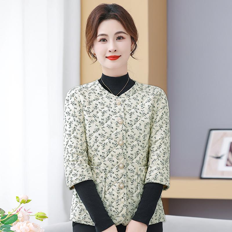 Women's Floral Print Warm Collarless Cotton Jacket with Mid and Seven-Sleeve Options, Fleece-Lined for Autumn/Winter.