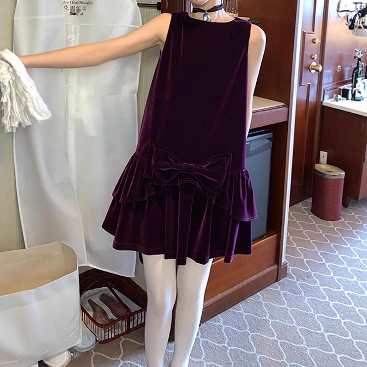 2026 New Arrival: Dark Purple Velvet Sleeveless Dress with Bow Medium темно-фиолетового