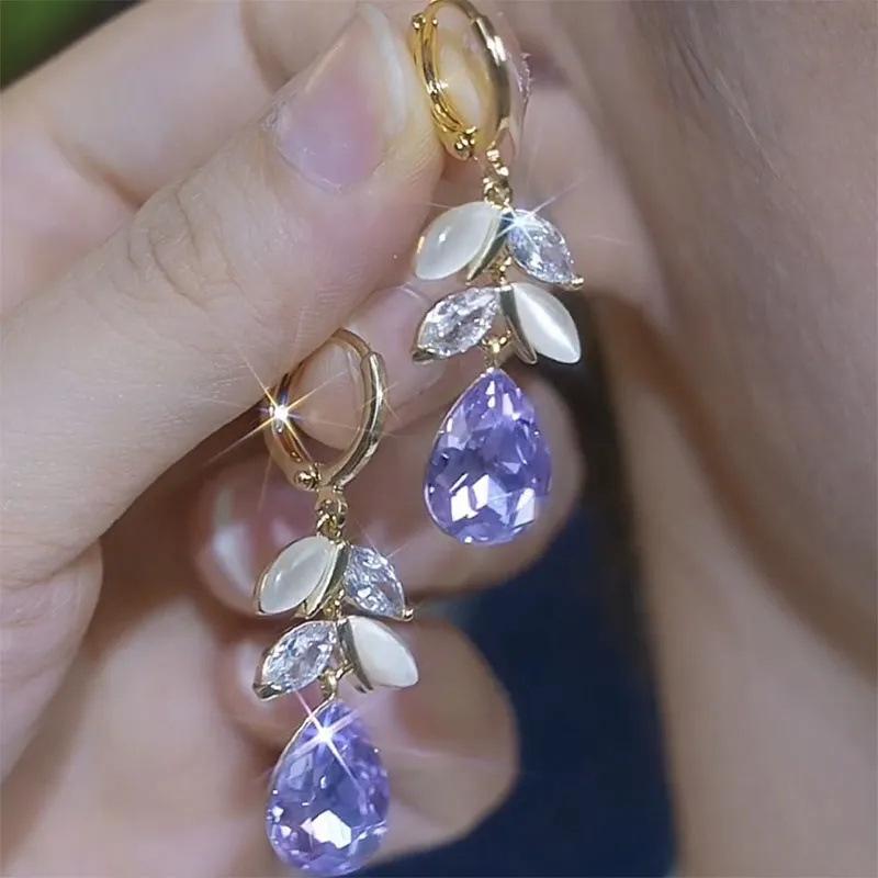 Vintage Elegant Purple Crystal Water Drop Long Tassel Earrings for Women Design Sparkling Prom Accessories Party Jewelry Gifts
