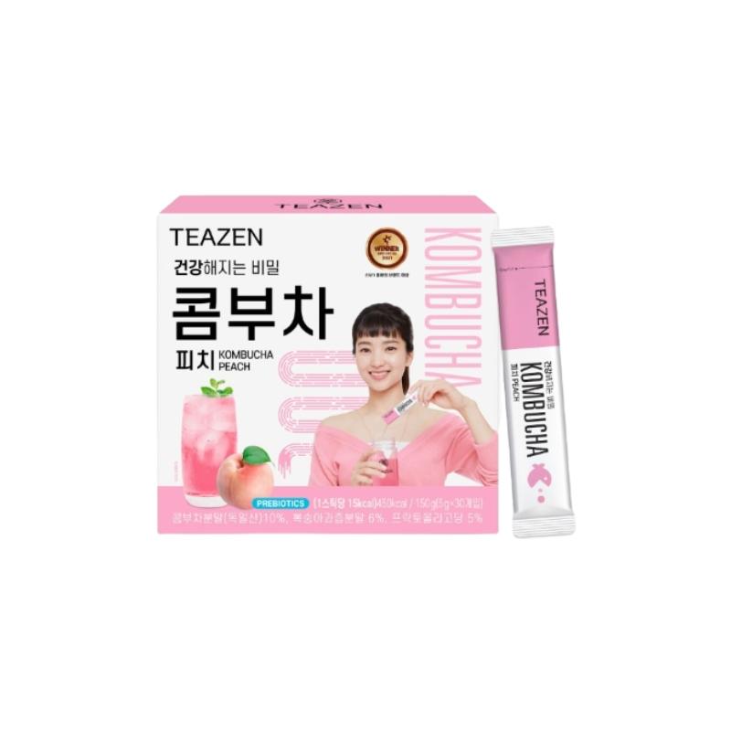 TEAZEN Lemon Kombucha Tea, bez cukru, musująca, fermentowana, w proszku, żywe probiotyki i prebiotyki, 10,30 saszetek po 5 g na saszetkę