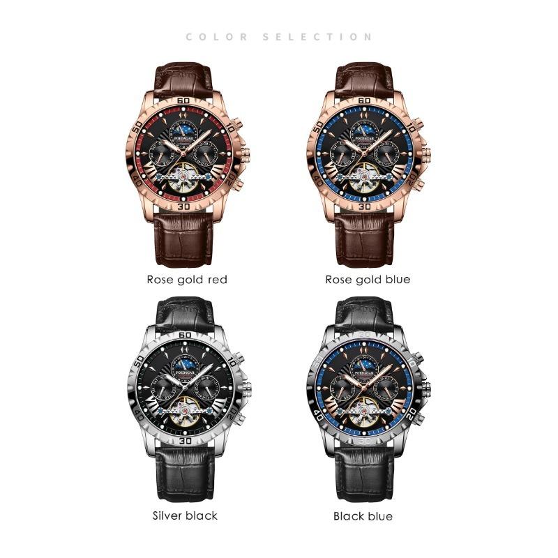 POEDAGAR Luxury Automatic Wristwatch Waterproof Luminous Date Week Leather Men Watch Tourbillon Mechanical Fashion Watches