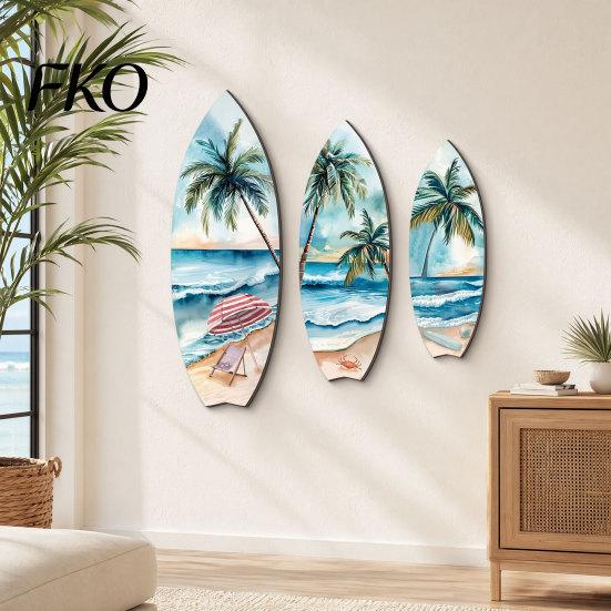 French Vintage Home Decor 3Pcs Wooden Surfboard Wall Art Decor, Natural Wood Hanging Sign, Sun-resistant Sculpture Lightweight Tropical Summer