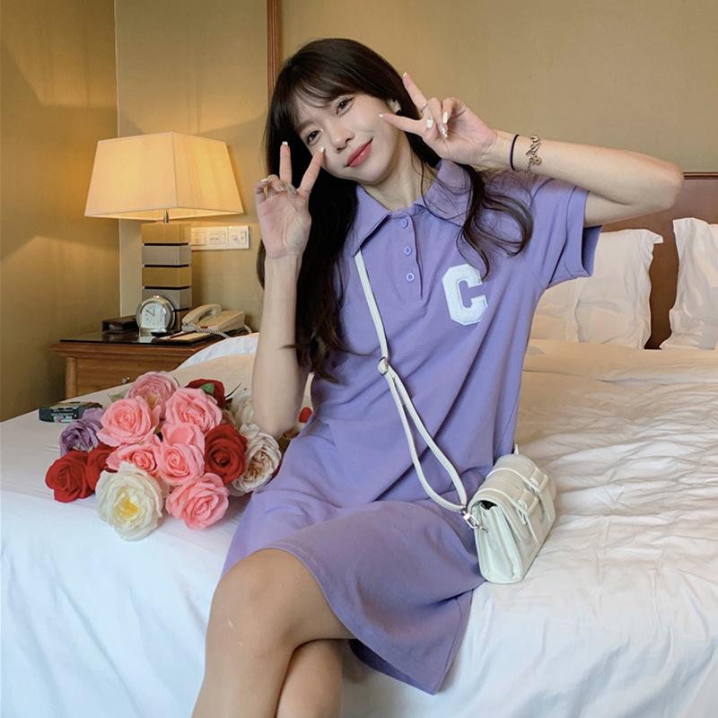 Women's Polo Collar Embroidered A-Line Dress - Summer 2025 College Style