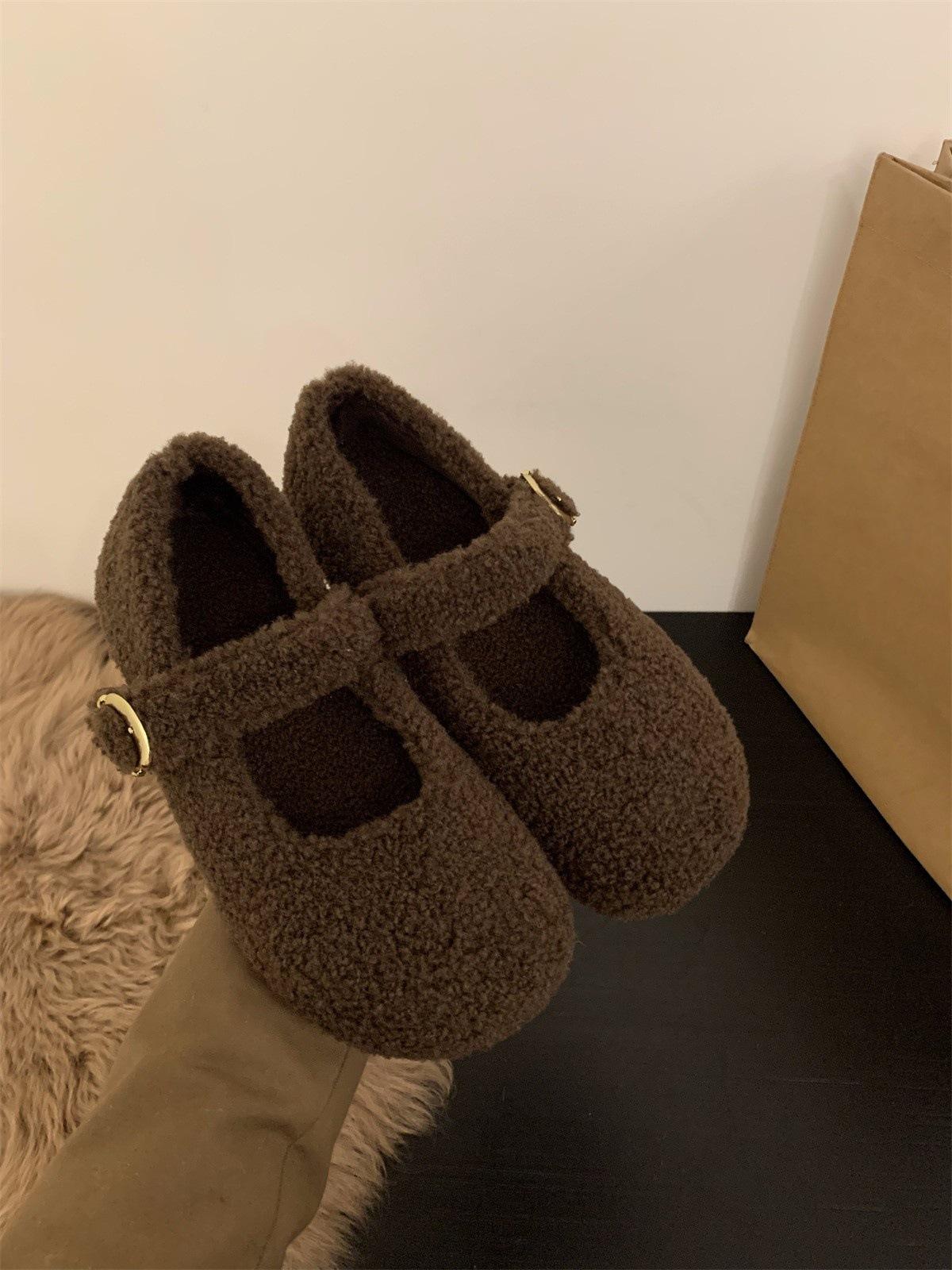 

thick-soled white plush plush shoes women s shoes outer wear Ji Mary Jane single shoes plush cotton shoes 40 коричневий