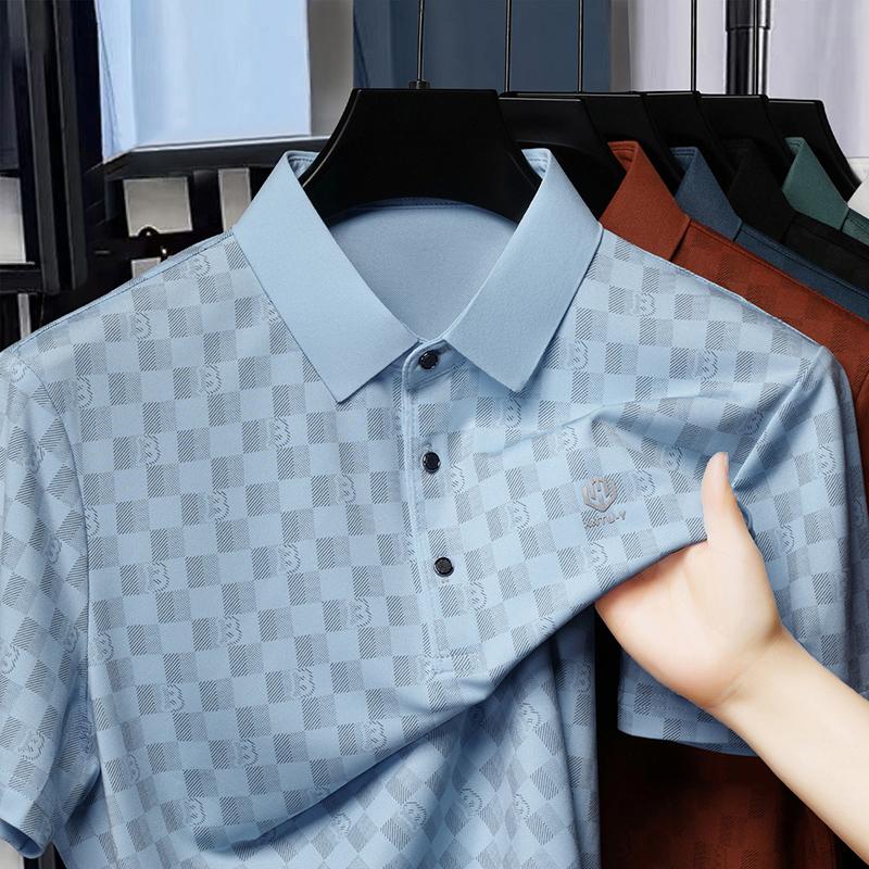 Summer Men's Plaid Printed Polo Shirt High-End Brand Business Leisure Seamless Short Sleeved Cool Lapel T-shirt Men's Clothing