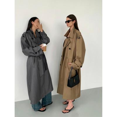 Spring Autumn Oversized Khaki Long Grey Trench Coat for Women Double Breasted Loose Casual Korean Fashion Overcoat