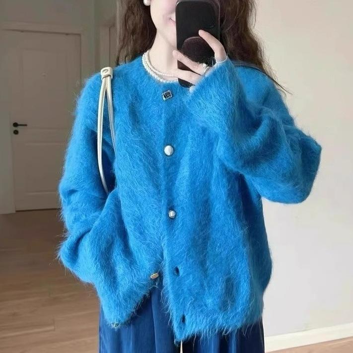 

Женская куртка из искусственного меха норки синего цвета, осенне-зимняя, в ленивом стиле, мягкий ворсистый вязаный кардиган-топ One size синий