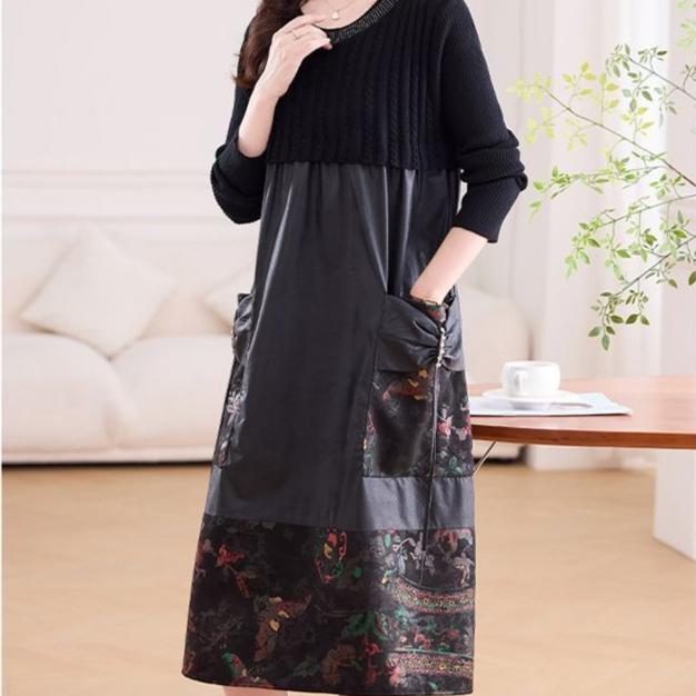 Women's long Sweater Dress Knitted Patchwork PU Leather A-Line Dress Plus Size Knitted Dress for Autumn and Winter ...