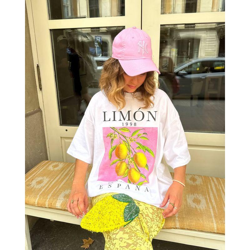 

Jhyf American Retro Oversize Summer OOTD Wear Fun Lemon Fruit Sexy Short Sleeve T-Shirt Ins Women White S
