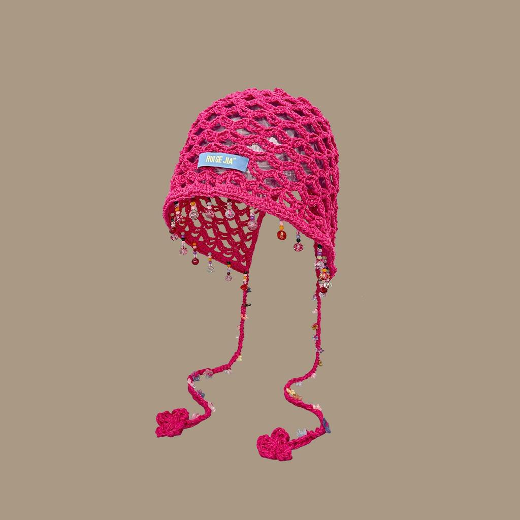 Bohemian beaded fringed pendant hollow knitted headgear women's summer travel retro ethnic style pullover hat
