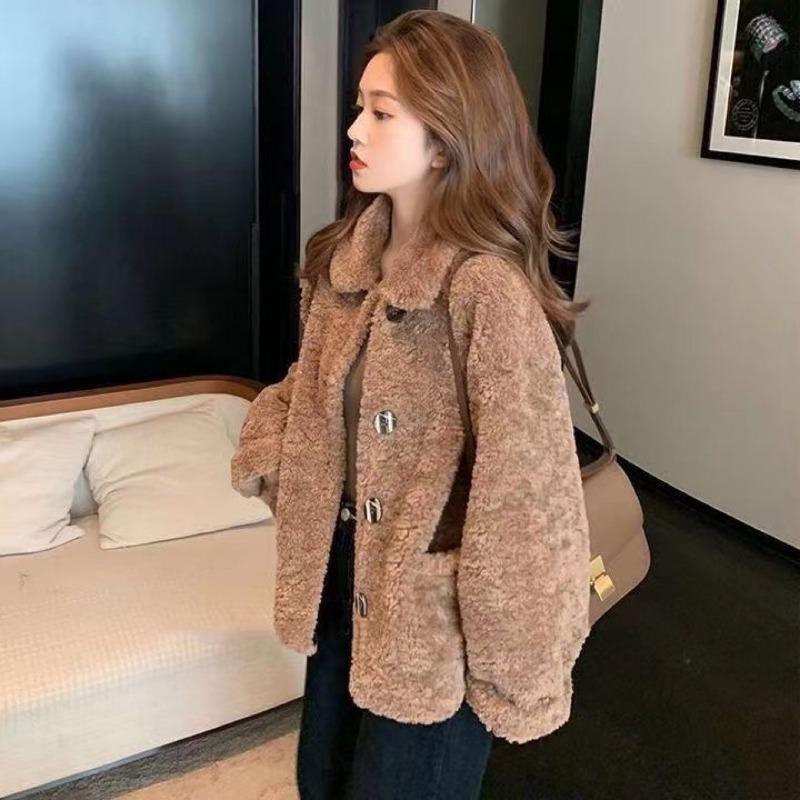 Imitation lamb wool coat women's autumn and winter new loose and thin small thickened short top student