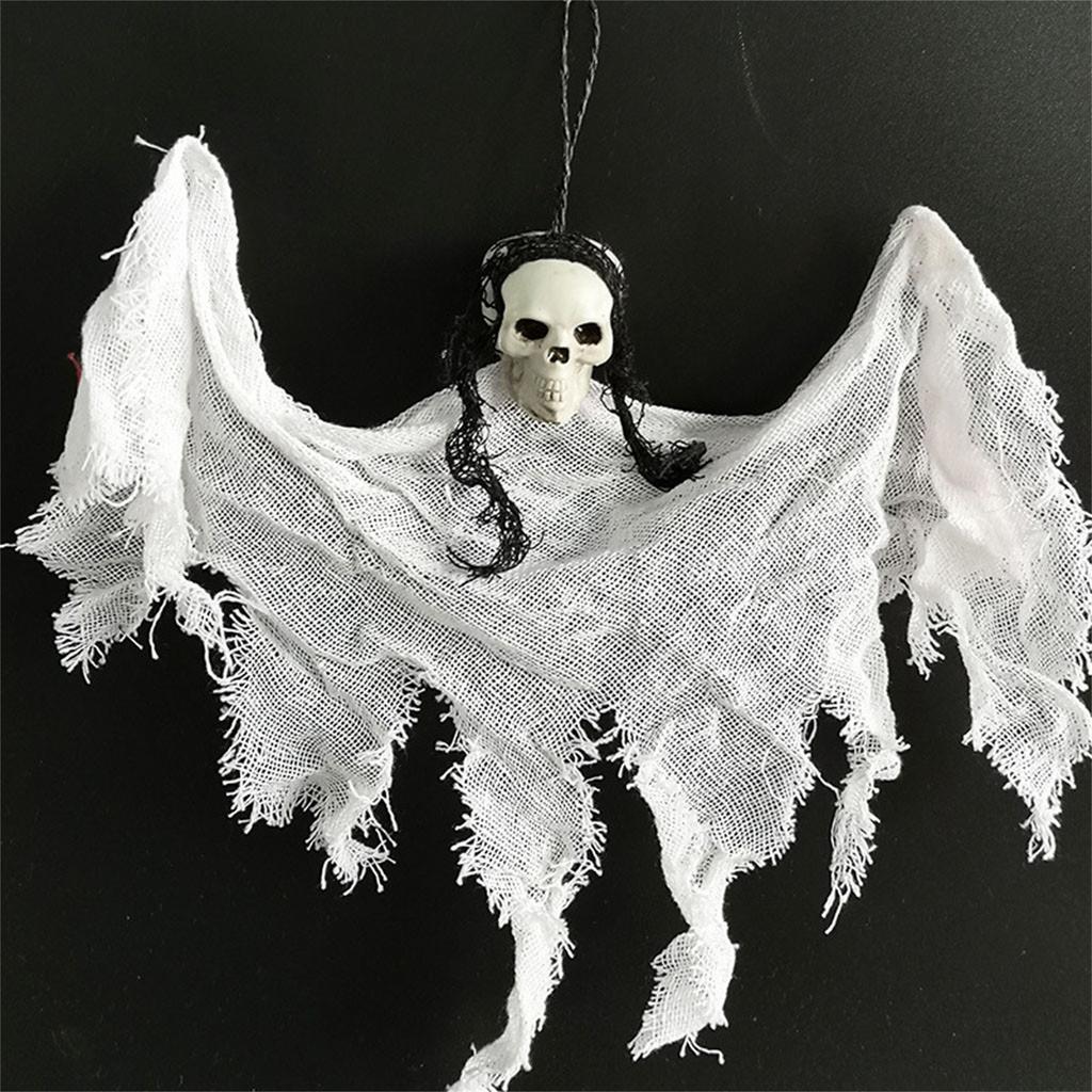 Halloween Hanging Ghost Decoration with Mesh Fabric and Skull Head for Indoor Outdoor Party Haunted House Props