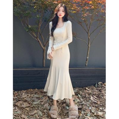 Pure Desire Square Collar Fishtail Dress Women's Spring, Autumn and Winter Bottoming Hip Skirt Waist Slim Long Skirt Coat