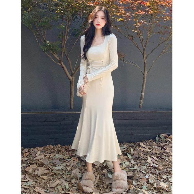 

Pure desire square collar fishtail dress women s spring, autumn and winter bottoming hip skirt waist slim long skirt coat S абрикосовый